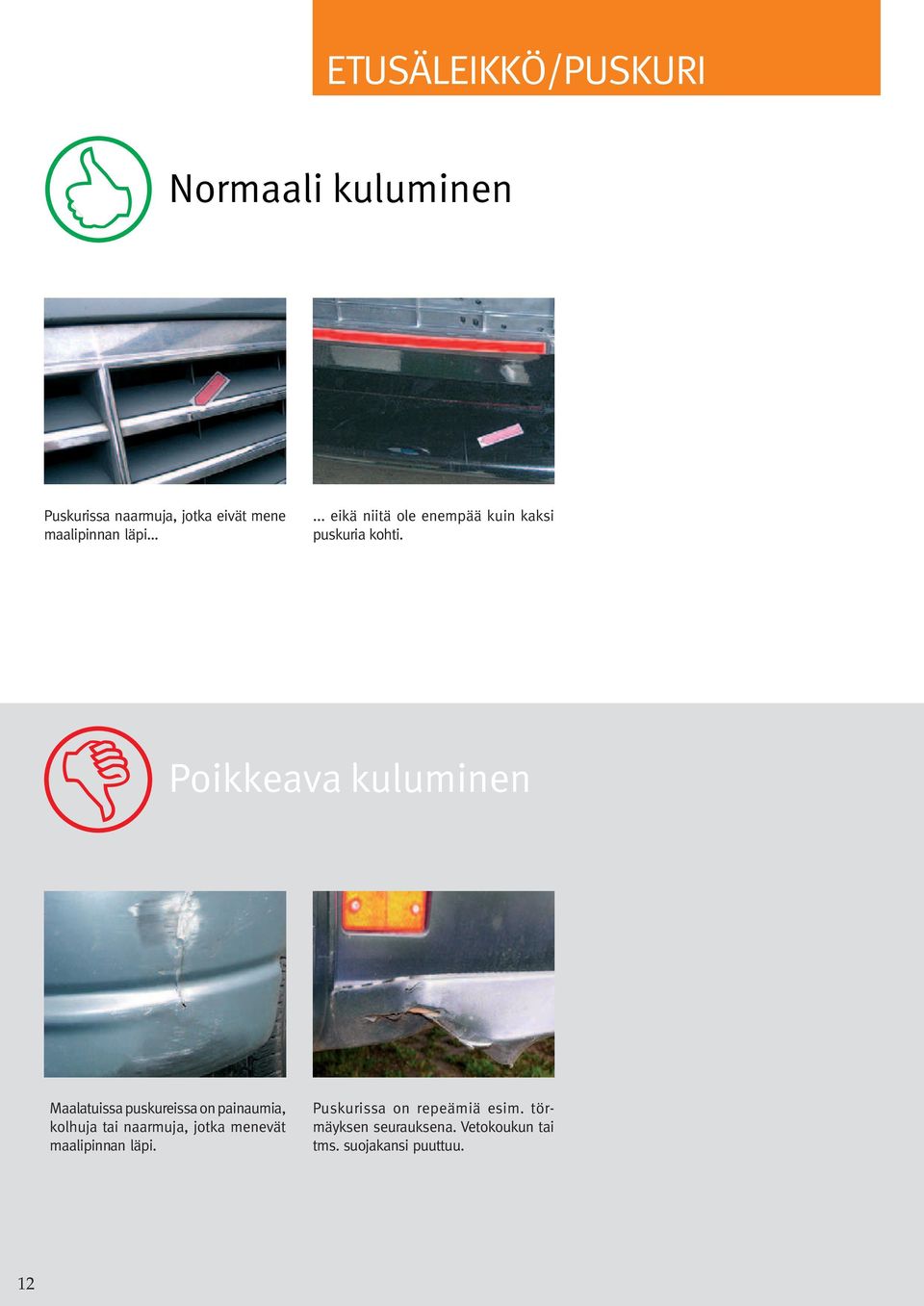 Maalatuissa puskureissa on painaumia, kolhuja tai naarmuja, jotka menevät
