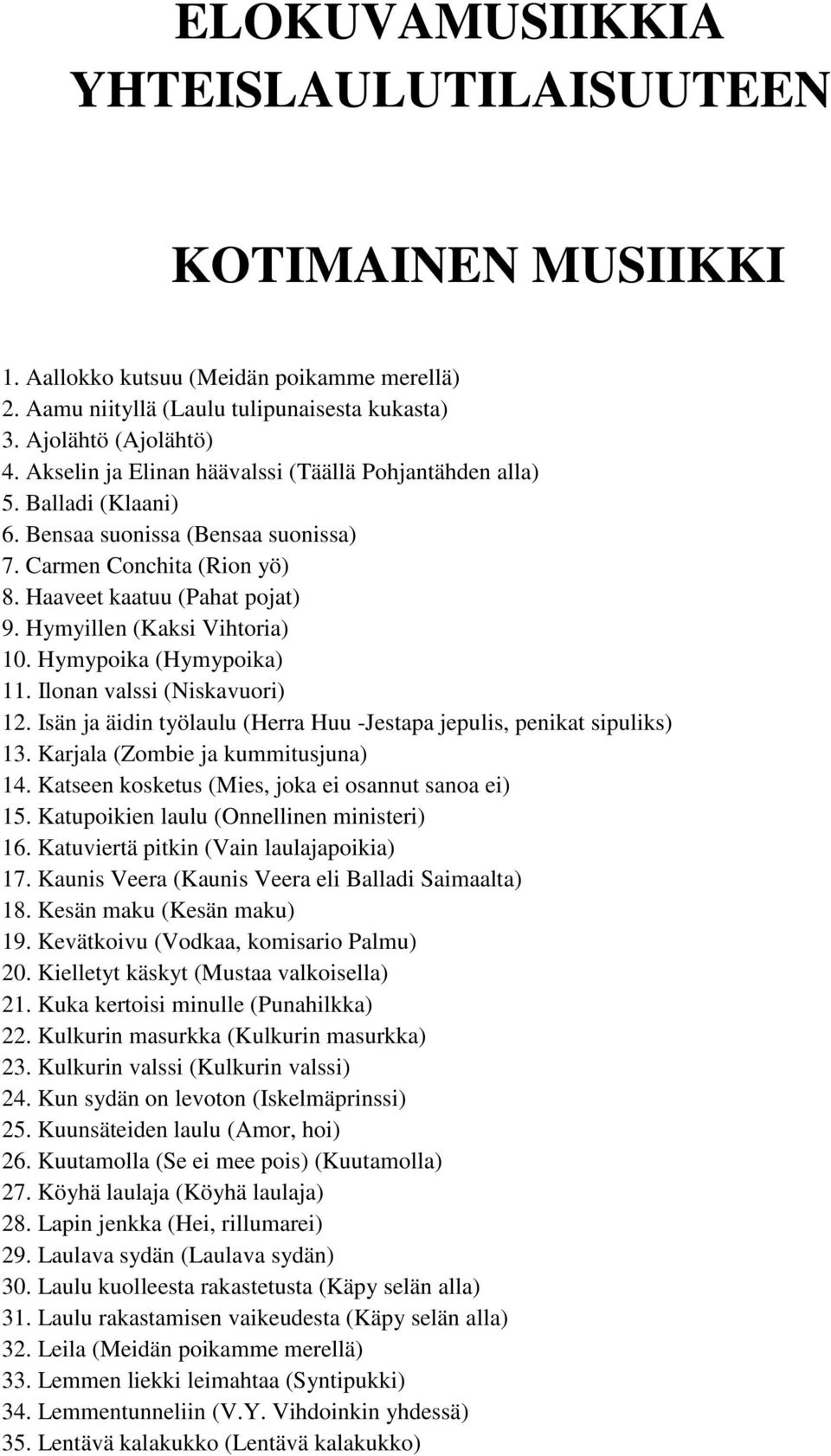 Hymyillen (Kaksi Vihtoria) 10. Hymypoika (Hymypoika) 11. Ilonan valssi (Niskavuori) 12. Isän ja äidin työlaulu (Herra Huu -Jestapa jepulis, penikat sipuliks) 13. Karjala (Zombie ja kummitusjuna) 14.