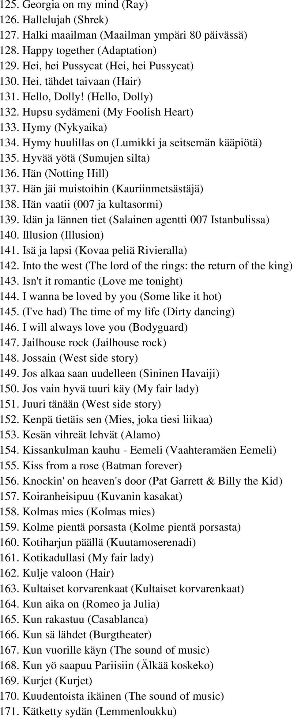 Hyvää yötä (Sumujen silta) 136. Hän (Notting Hill) 137. Hän jäi muistoihin (Kauriinmetsästäjä) 138. Hän vaatii (007 ja kultasormi) 139. Idän ja lännen tiet (Salainen agentti 007 Istanbulissa) 140.