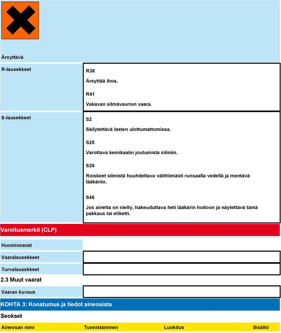S46 Jos ainetta on nielty, hakeuduttava heti lääkärin hoitoon ja näytettävä tämä pakkaus tai etiketti.