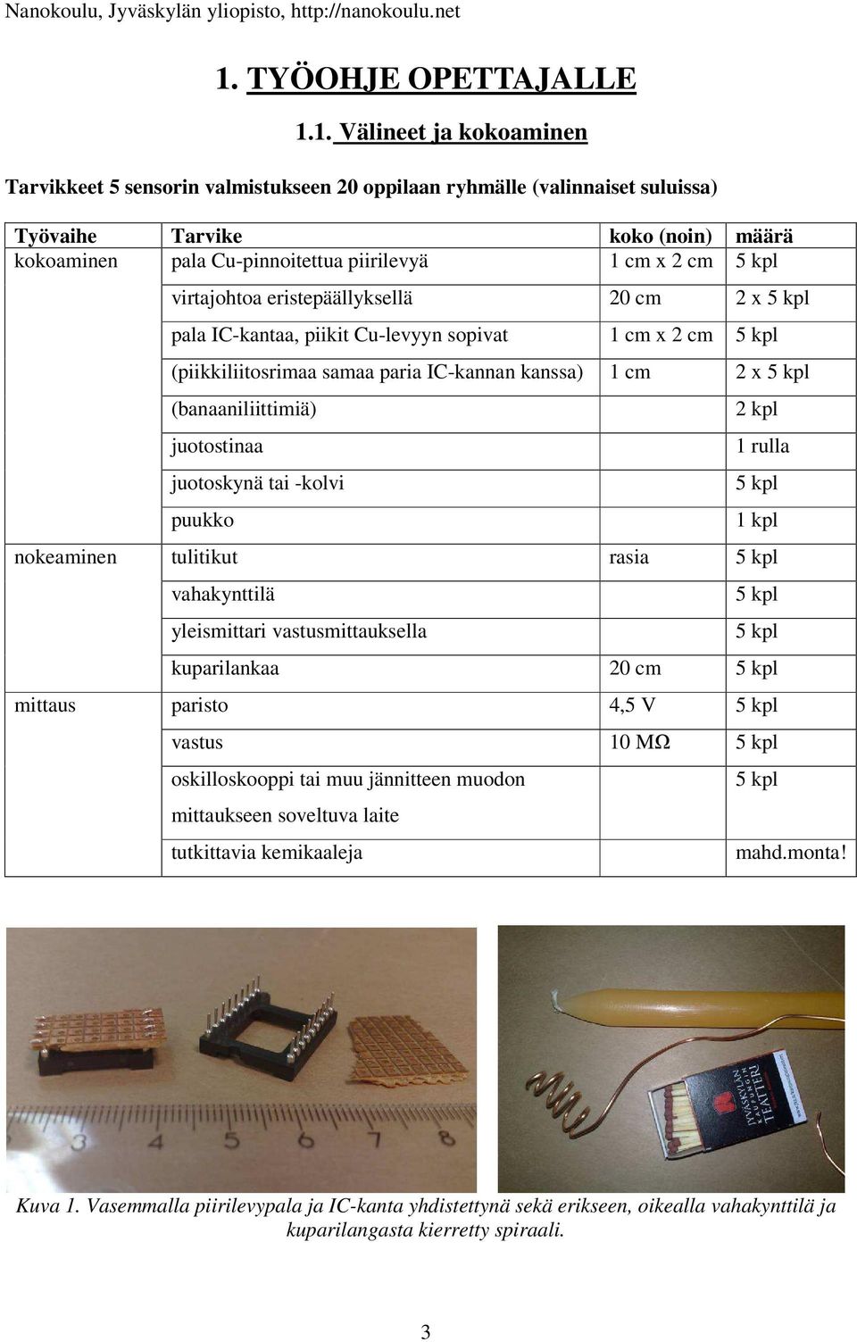 (banaaniliittimiä) 2 kpl juotostinaa 1 rulla juotoskynä tai -kolvi 5 kpl puukko 1 kpl nokeaminen tulitikut rasia 5 kpl vahakynttilä 5 kpl yleismittari vastusmittauksella 5 kpl kuparilankaa 20 cm 5