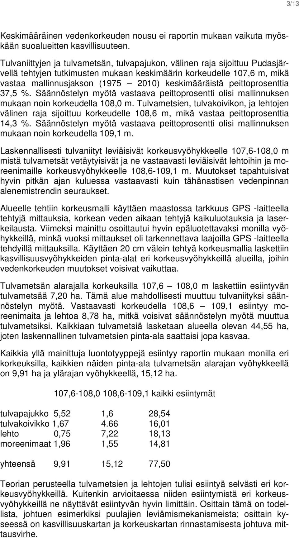 peittoprosenttia 37,5 %. Säännöstelyn myötä vastaava peittoprosentti olisi mallinnuksen mukaan noin korkeudella 108,0 m.