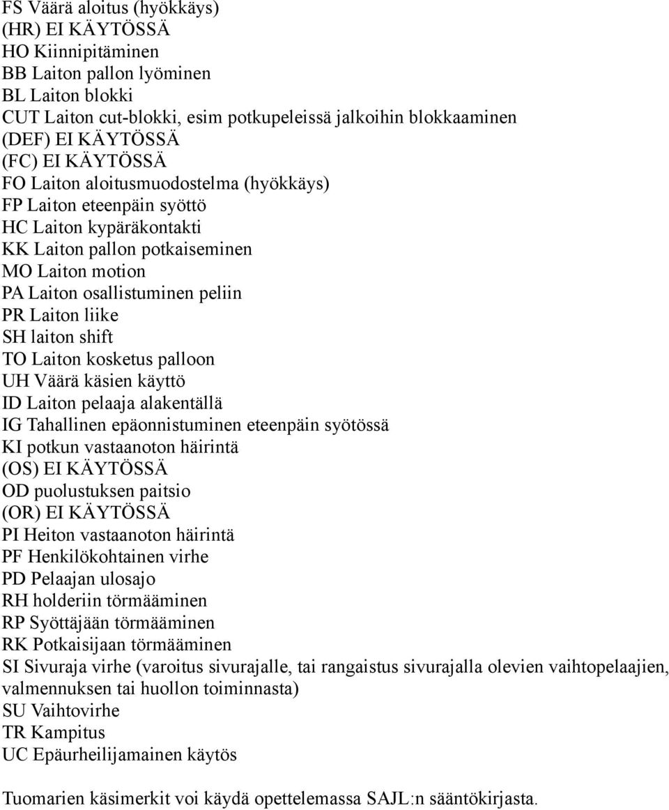 laiton shift TO Laiton kosketus palloon UH Väärä käsien käyttö ID Laiton pelaaja alakentällä IG Tahallinen epäonnistuminen eteenpäin syötössä KI potkun vastaanoton häirintä (OS) EI KÄYTÖSSÄ OD