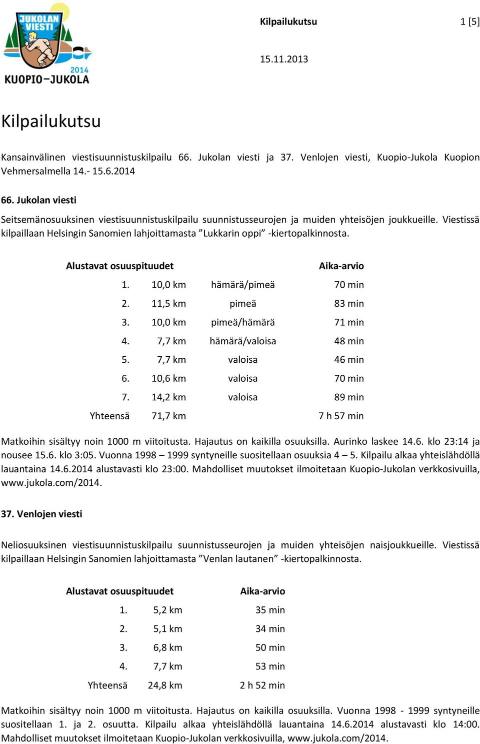 Viestissä kilpaillaan Helsingin Sanomien lahjoittamasta Lukkarin oppi -kiertopalkinnosta. Alustavat osuuspituudet Aika-arvio 1. 10,0 km hämärä/pimeä 70 min 2. 11,5 km pimeä 83 min 3.