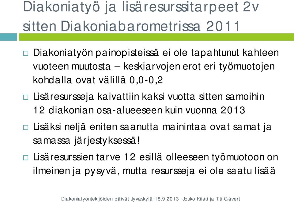 vuotta sitten samoihin 12 diakonian osa-alueeseen kuin vuonna 2013 Lisäksi neljä eniten saanutta mainintaa ovat samat ja