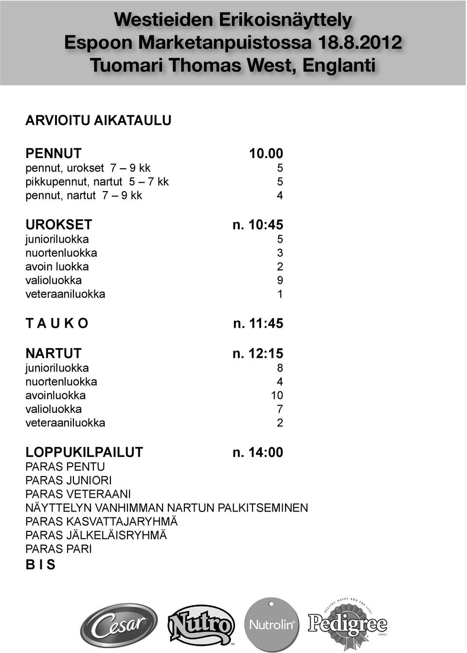 10:45 junioriluokka 5 nuortenluokka 3 avoin luokka 2 valioluokka 9 veteraaniluokka 1 T A U K O n. 11:45 NARTUT n.