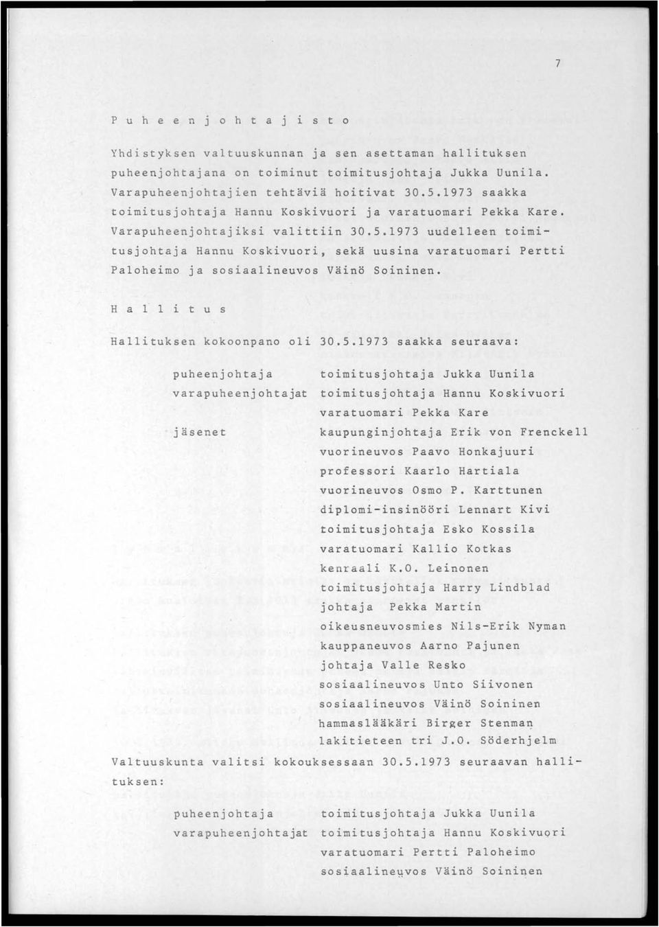 1973 uudelleen toimitusjohtaja Hannu Koskivuori, sekä uus~na varatuomari Pertti Paloheimo ja sosiaalineuvos Väin6 Soininen. H a 1 1 ~ t u s Hallituksen kokoonpano oli 30.5.