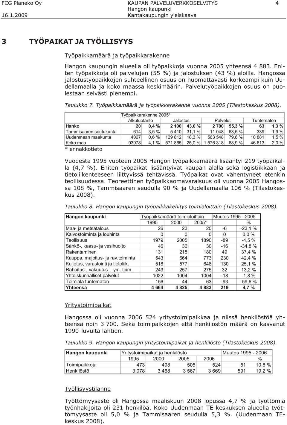 Palvelutyöpaikkojen osuus on puolestaan selvästi pienempi. Taulukko 7. Työpaikkamäärä ja työpaikkarakenne vuonna 2005 (Tilastokeskus 2008).