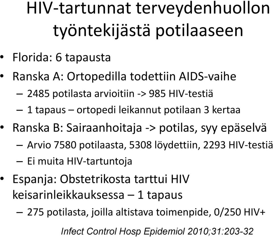 epäselvä Arvio 7580 potilaasta, 5308 löydettiin, 2293 HIV-testiä Ei muita HIV-tartuntoja Espanja: Obstetrikosta tarttui HIV