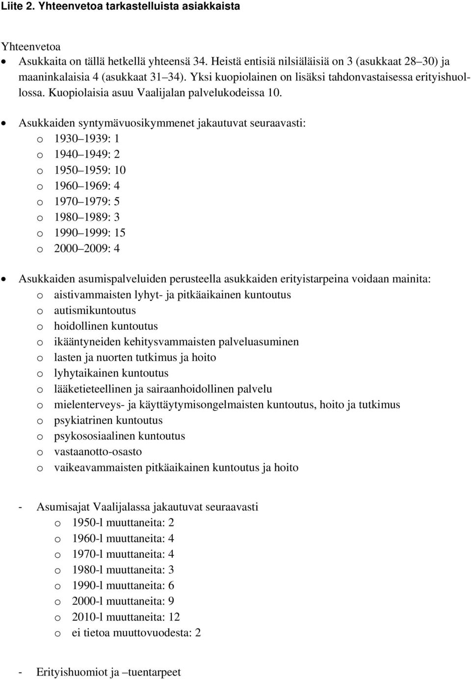 Asukkaiden syntymävuosikymmenet jakautuvat seuraavasti: o 1930 1939: 1 o 1940 1949: 2 o 1950 1959: 10 o 1960 1969: 4 o 1970 1979: 5 o 1980 1989: 3 o 1990 1999: 15 o 2000 2009: 4 Asukkaiden