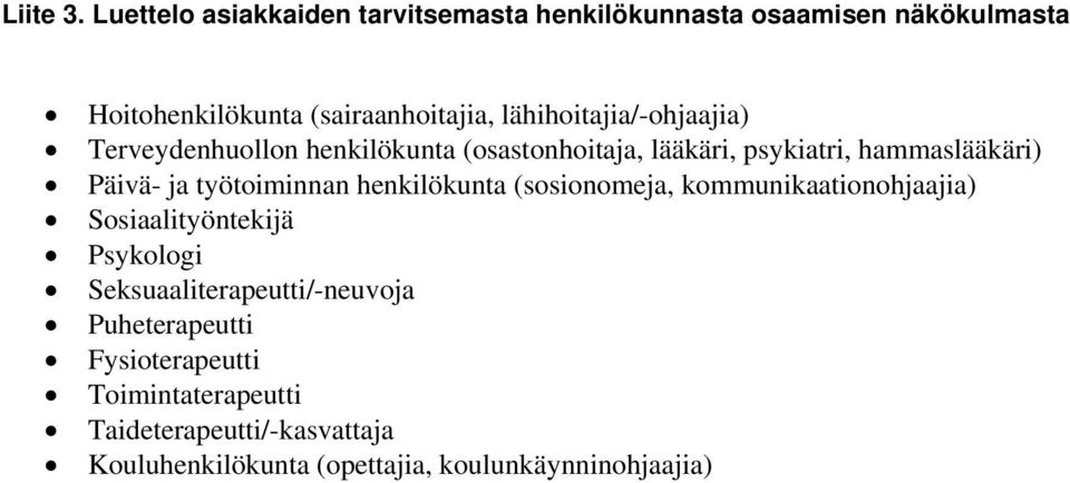 lähihoitajia/-ohjaajia) Terveydenhuollon henkilökunta (osastonhoitaja, lääkäri, psykiatri, hammaslääkäri) Päivä- ja