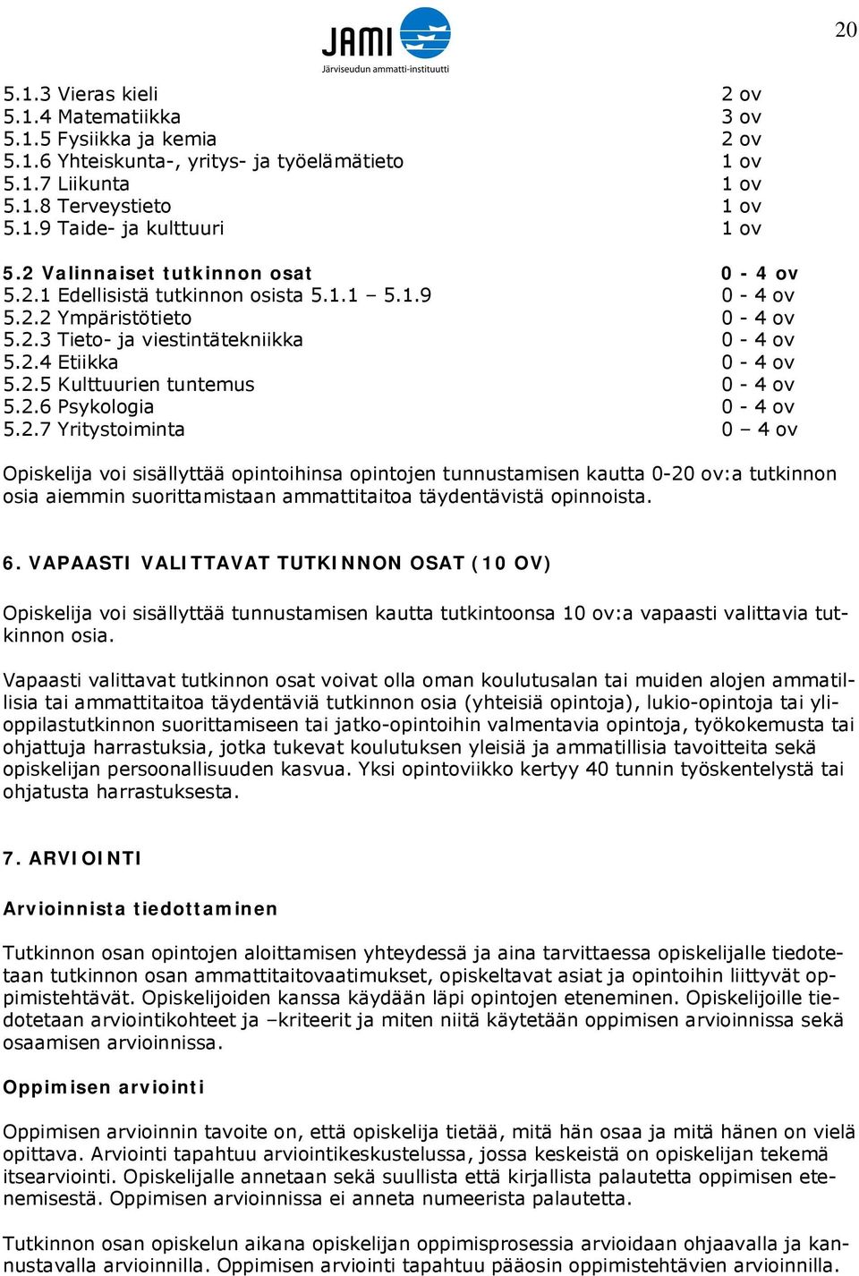 2.6 Psykologia 0-4 ov 5.2.7 Yritystoiminta 0 4 ov Opiskelija voi sisällyttää opintoihinsa opintojen tunnustamisen kautta 0-20 ov:a tutkinnon osia aiemmin suorittamistaan ammattitaitoa täydentävistä opinnoista.