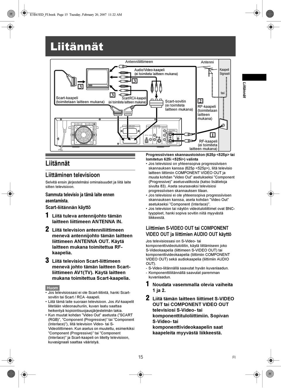 3 3 Scart/RCA-kaapeli (ei toimiteta laitteen mukana) Scart-sovitin (ei toimiteta laitteen mukana) 2 RF-kaapeli (toimitetaan laitteen mukana) tai Liitännät Liitännät Liittäminen televisioon / DVD /