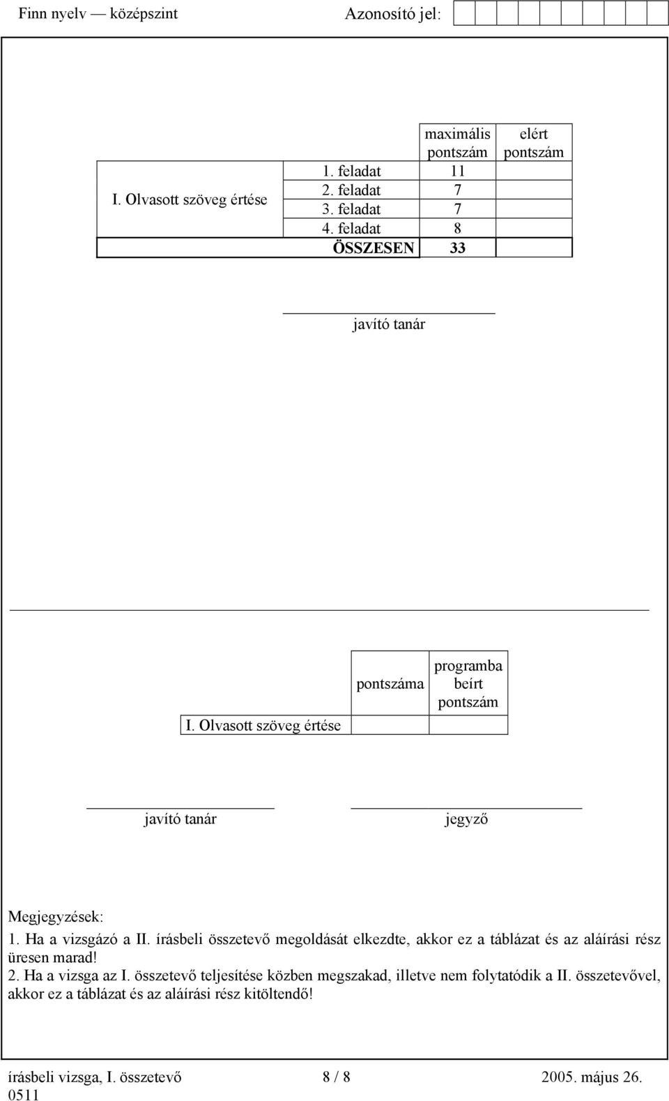 írásbeli összetevő megoldását elkezdte, akkor ez a táblázat és az aláírási rész üresen marad! 2. Ha a vizsga az I.