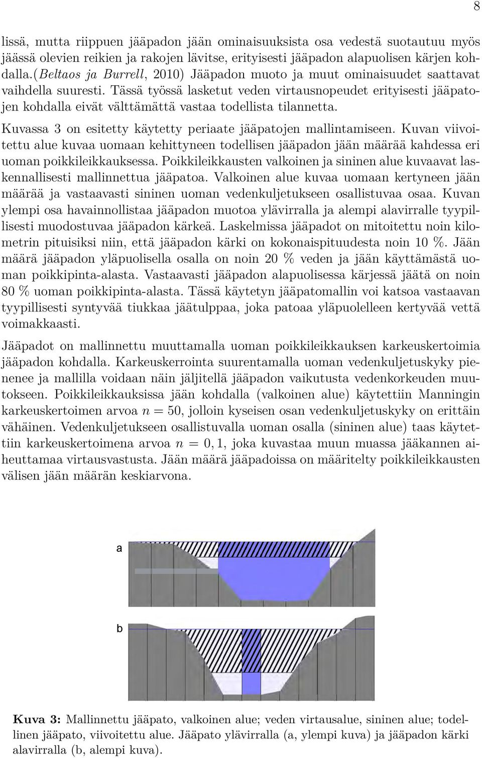 Tässä työssä lasketut veden virtausnopeudet erityisesti jääpatojen kohdalla eivät välttämättä vastaa todellista tilannetta. Kuvassa on esitetty käytetty periaate jääpatojen mallintamiseen.