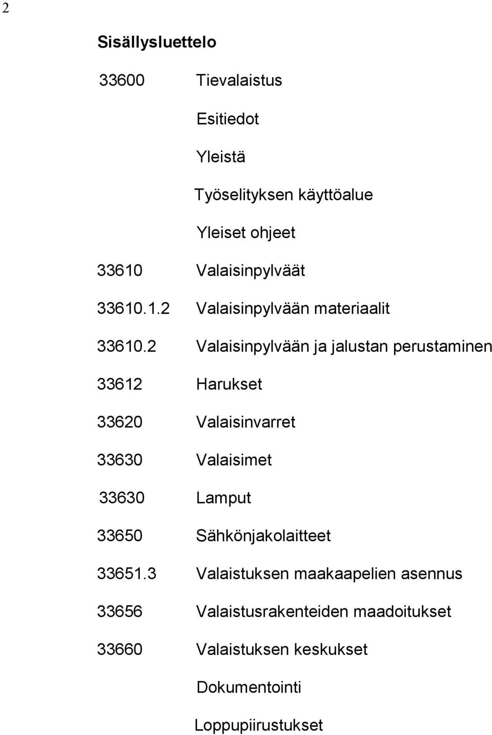 2 Valaisinpylvään ja jalustan perustaminen 33612 Harukset 33620 Valaisinvarret 33630 Valaisimet 33630 Lamput