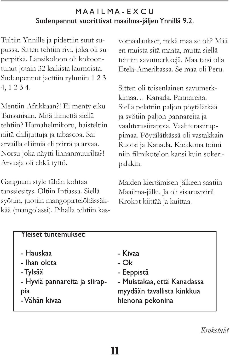 Hamahelmikoru, haisteltiin niitä chilijuttuja ja tabascoa. Sai arvailla eläimiä eli piirrä ja arvaa. Norsu joka näytti linnanmuurilta?! Arvaaja oli ehkä tyttö. Gangnam style tähän kohtaa tanssiesitys.