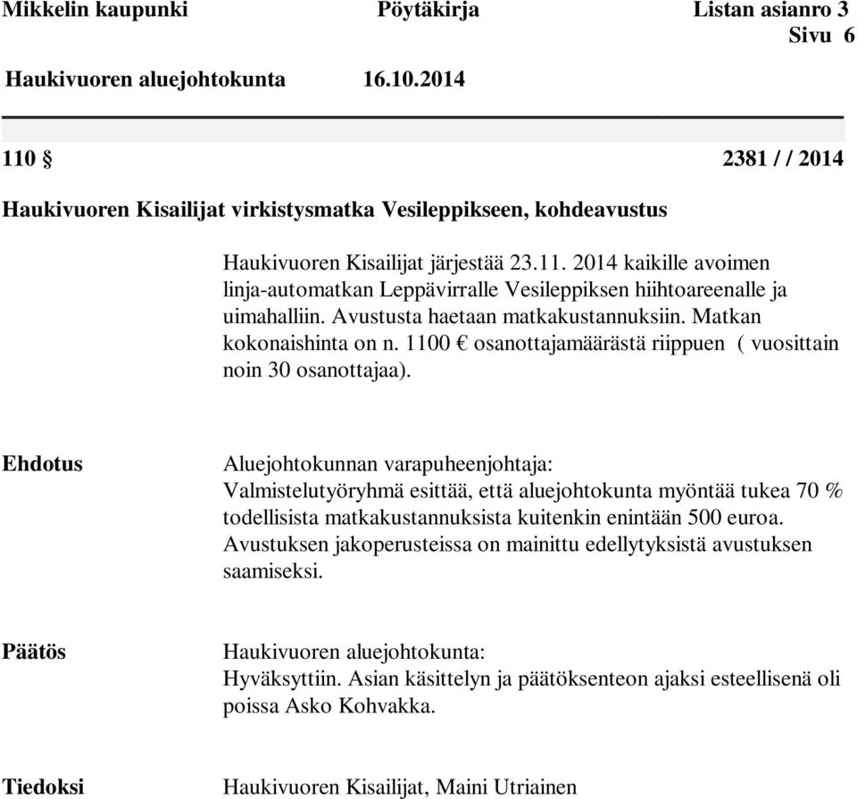 Avustusta haetaan matkakustannuksiin. Matkan kokonaishinta on n. 1100 osanottajamäärästä riippuen ( vuosittain noin 30 osanottajaa).