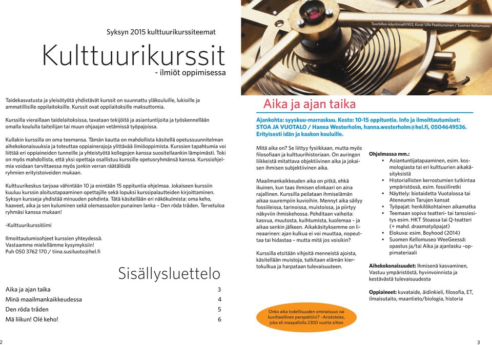 Kurssilla vieraillaan taidelaitoksissa, tavataan tekijöitä ja asiantuntijoita ja työskennellään omalla koululla taiteilijan tai muun ohjaajan vetämissä työpajoissa. Kullakin kurssilla on oma teemansa.