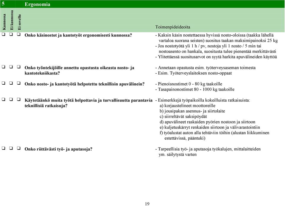 nostoasento on hankala, suositusta tulee pienentää merkittävästi - Ylitettäessä suositusarvot on syytä harkita apuvälineiden käyttöä Onko työntekijöille annettu opastusta oikeasta nosto- ja
