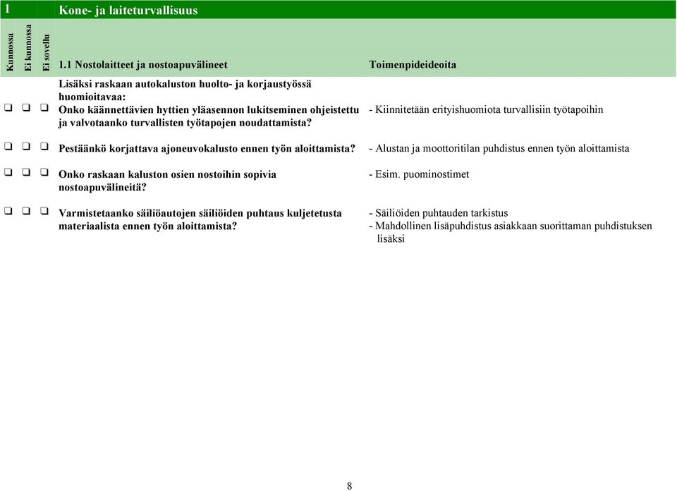 ja valvotaanko turvallisten työtapojen noudattamista? - Kiinnitetään erityishuomiota turvallisiin työtapoihin Pestäänkö korjattava ajoneuvokalusto ennen työn aloittamista?