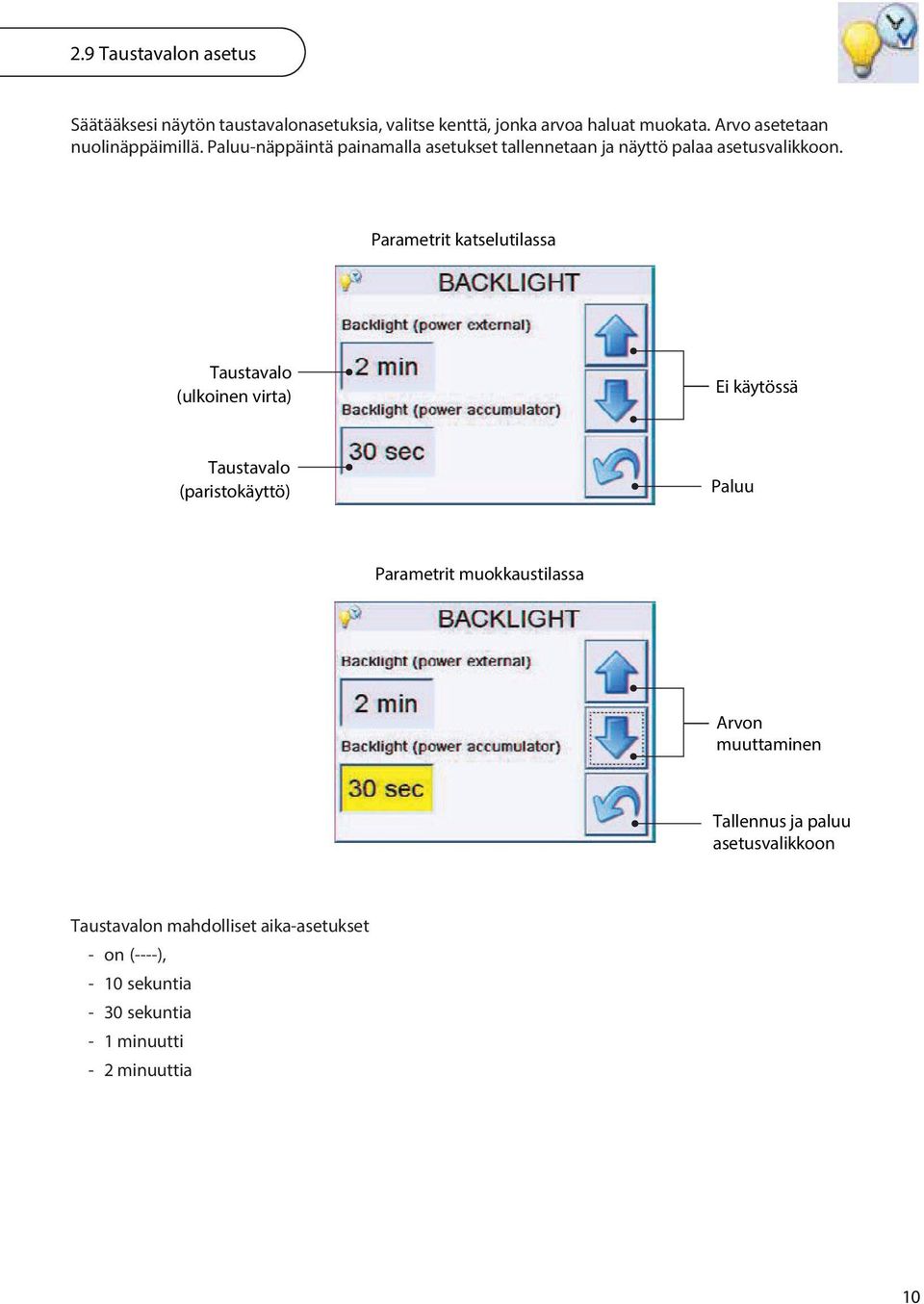 Parametrit katselutilassa Taustavalo (ulkoinen virta) Ei käytössä Taustavalo (paristokäyttö) Paluu Parametrit muokkaustilassa