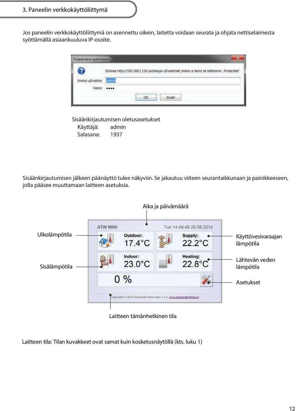 Se jakautuu viiteen seurantaikkunaan ja painikkeeseen, jolla pääsee muuttamaan laitteen asetuksia.