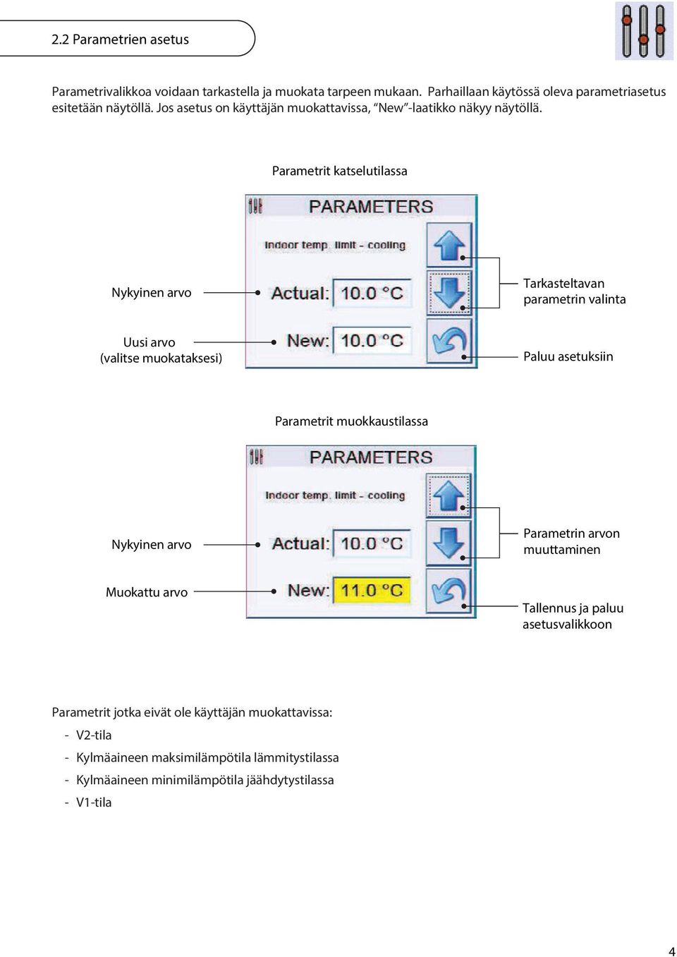 Parametrit katselutilassa Nykyinen arvo Tarkasteltavan parametrin valinta Uusi arvo (valitse muokataksesi) Paluu asetuksiin Parametrit muokkaustilassa