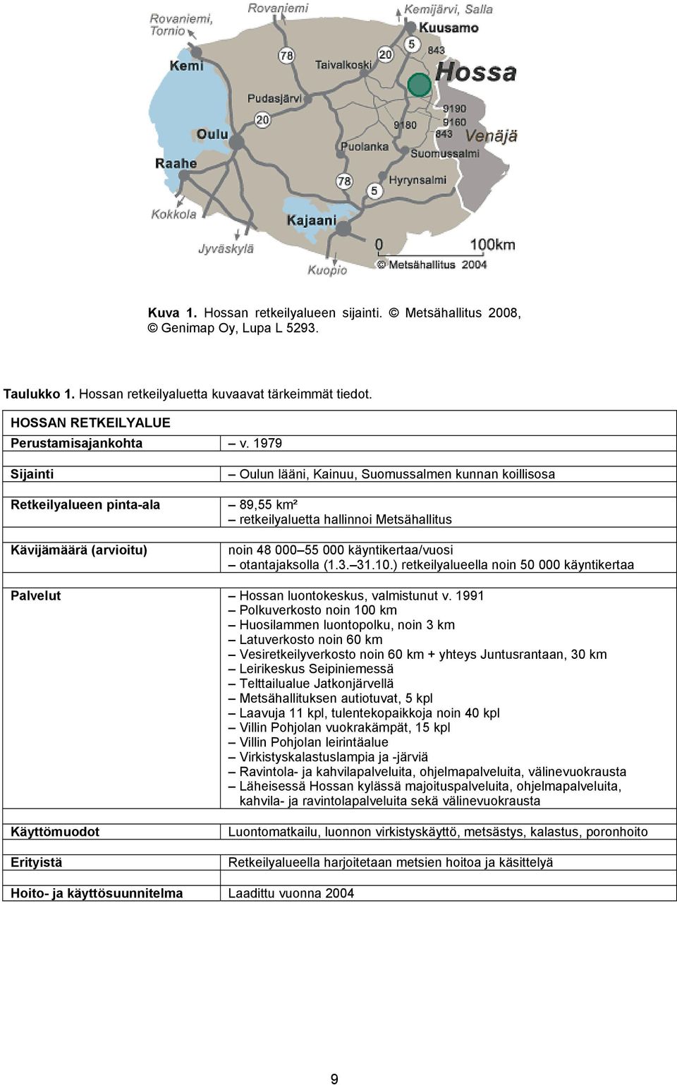 otantajaksolla (1.3. 31.1.) retkeilyalueella noin 5 käyntikertaa Palvelut Hossan luontokeskus, valmistunut v.