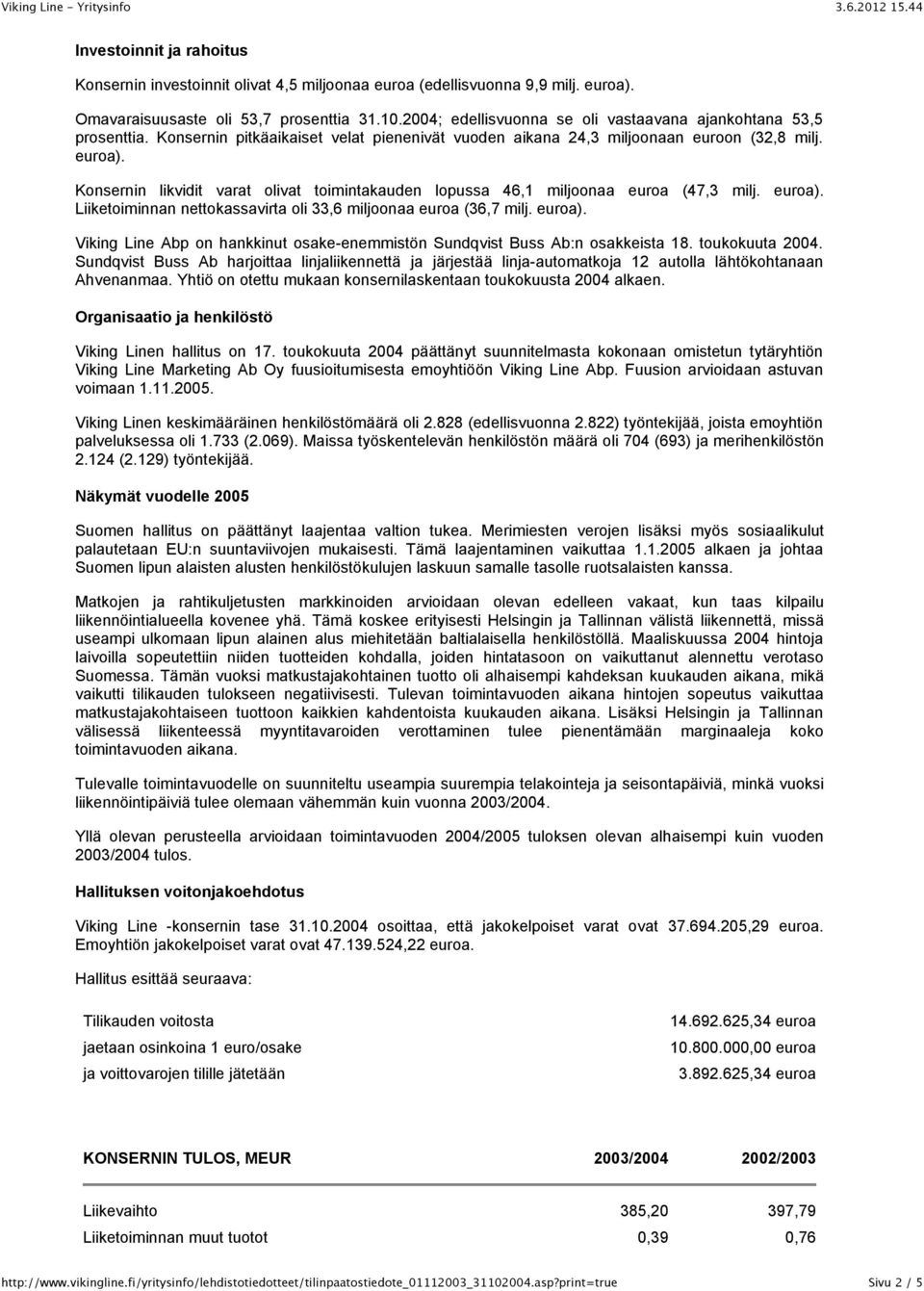 Konsernin likvidit varat olivat toimintakauden lopussa 46,1 miljoonaa euroa (47,3 milj. euroa). Liiketoiminnan nettokassavirta oli 33,6 miljoonaa euroa (36,7 milj. euroa). Viking Line Abp on hankkinut osake-enemmistön Sundqvist Buss Ab:n osakkeista 18.