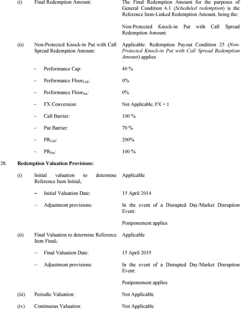 Redemption Amount: Applicable: Redemption Payout Condition 25 (Non- Protected Knock-in Put with Call Spread Redemption Amount) applies Performance Cap: 40 % Performance Floor Call : 0% Performance