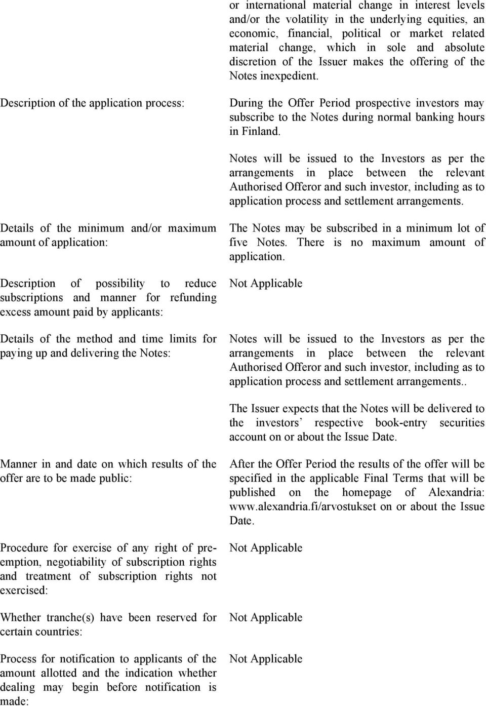 Description of the application process: During the Offer Period prospective investors may subscribe to the Notes during normal banking hours in Finland.