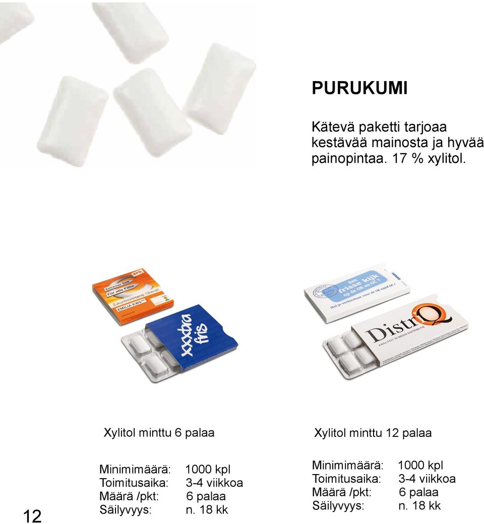 12 Xylitol minttu 6 palaa Minimimäärä: 1000 kpl Toimitusaika: 3-4 viikkoa