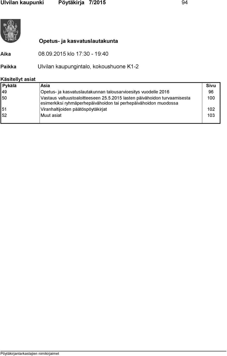 ja kasvatuslautakunnan talousarvioesitys vuodelle 2016 96 50