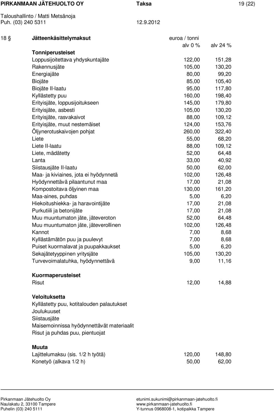 Erityisjäte, muut nestemäiset 124,00 153,76 Öljynerotuskaivojen pohjat 260,00 322,40 Liete 55,00 68,20 Liete II-laatu 88,00 109,12 Liete, mädätetty 52,00 64,48 Lanta 33,00 40,92 Siistausjäte II-laatu