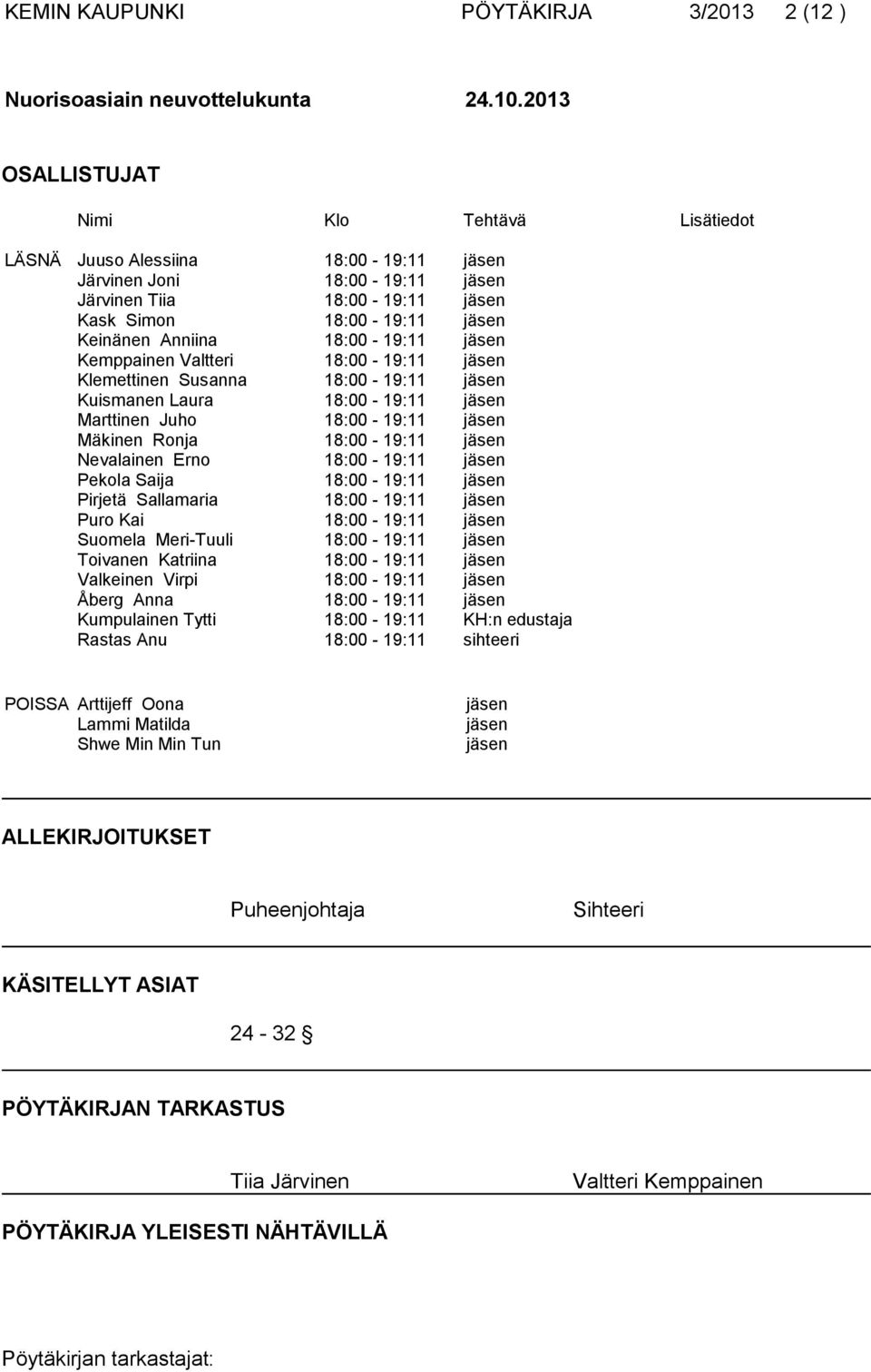 18:00-19:11 jäsen Kemppainen Valtteri 18:00-19:11 jäsen Klemettinen Susanna 18:00-19:11 jäsen Kuismanen Laura 18:00-19:11 jäsen Marttinen Juho 18:00-19:11 jäsen Mäkinen Ronja 18:00-19:11 jäsen