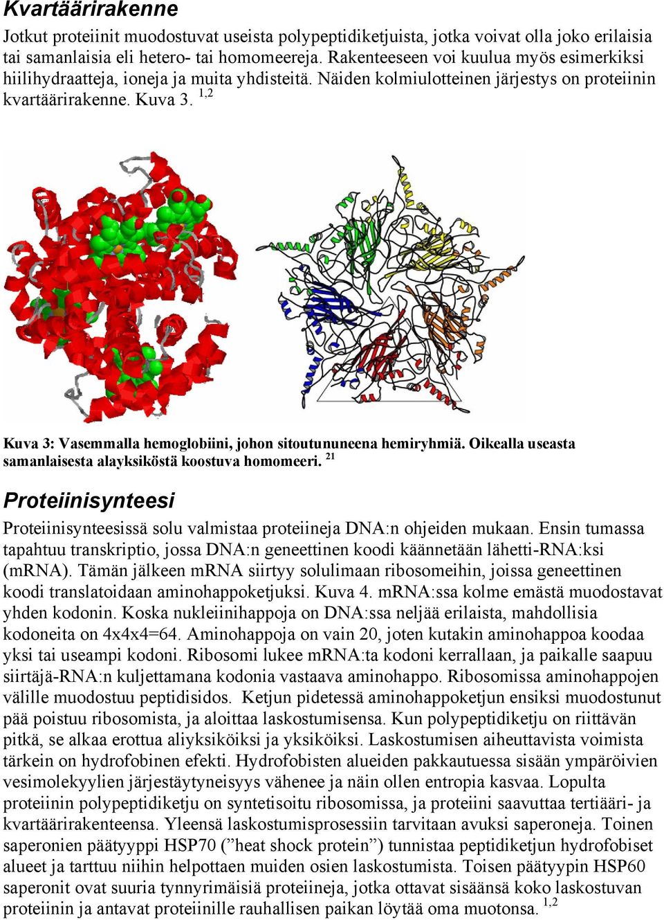 1,2 Kuva 3: Vasemmalla hemoglobiini, johon sitoutununeena hemiryhmiä. Oikealla useasta samanlaisesta alayksiköstä koostuva homomeeri.