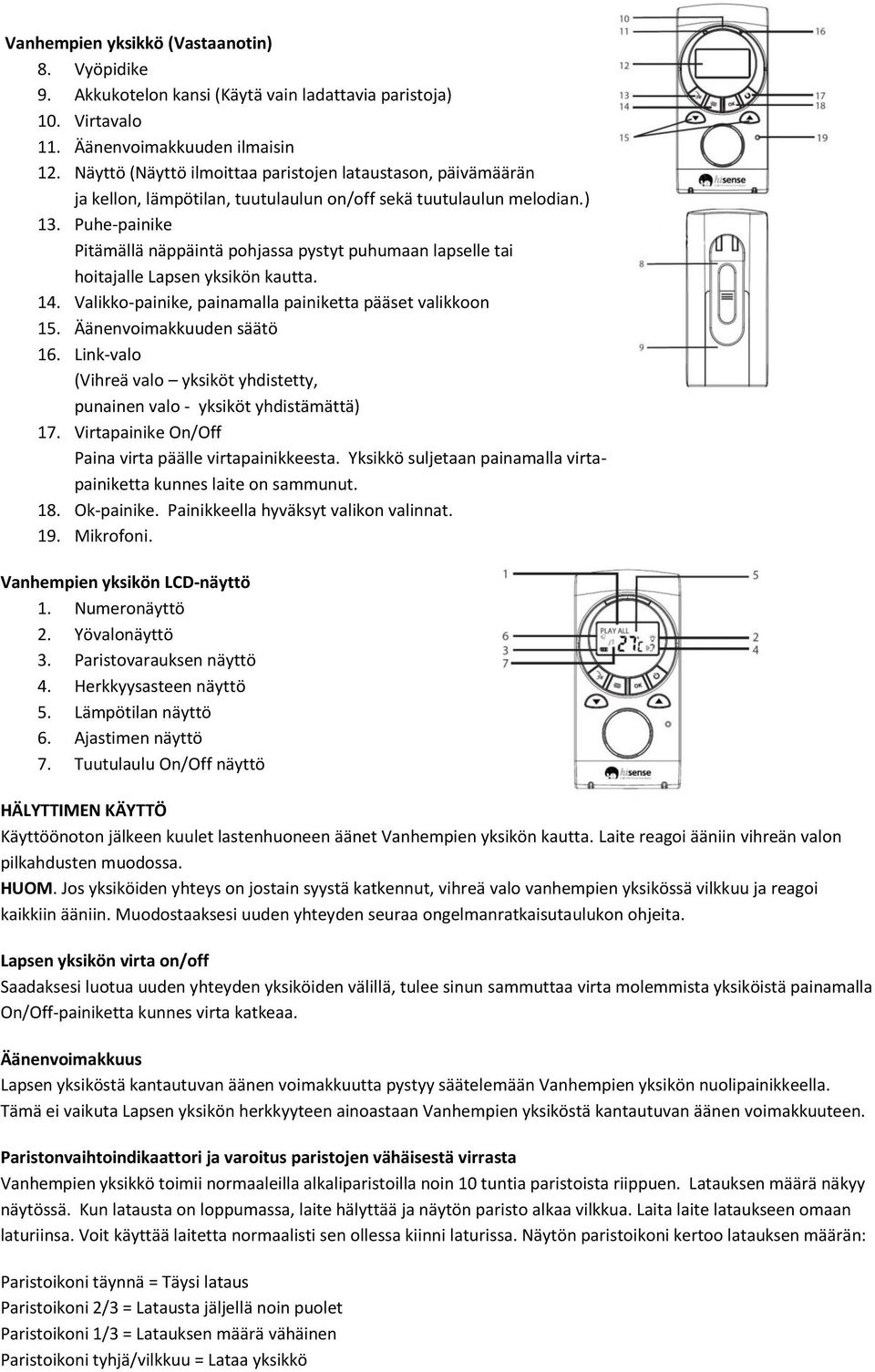Puhe-painike Pitämällä näppäintä pohjassa pystyt puhumaan lapselle tai hoitajalle Lapsen yksikön kautta. 14. Valikko-painike, painamalla painiketta pääset valikkoon 15. Äänenvoimakkuuden säätö 16.