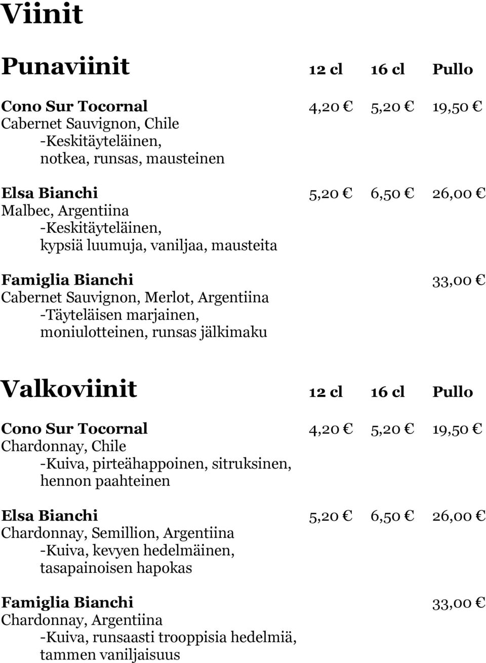 jälkimaku Valkoviinit 12 cl 16 cl Pullo Cono Sur Tocornal 4,20 5,20 19,50 Chardonnay, Chile -Kuiva, pirteähappoinen, sitruksinen, hennon paahteinen Elsa Bianchi 5,20 6,50 26,00