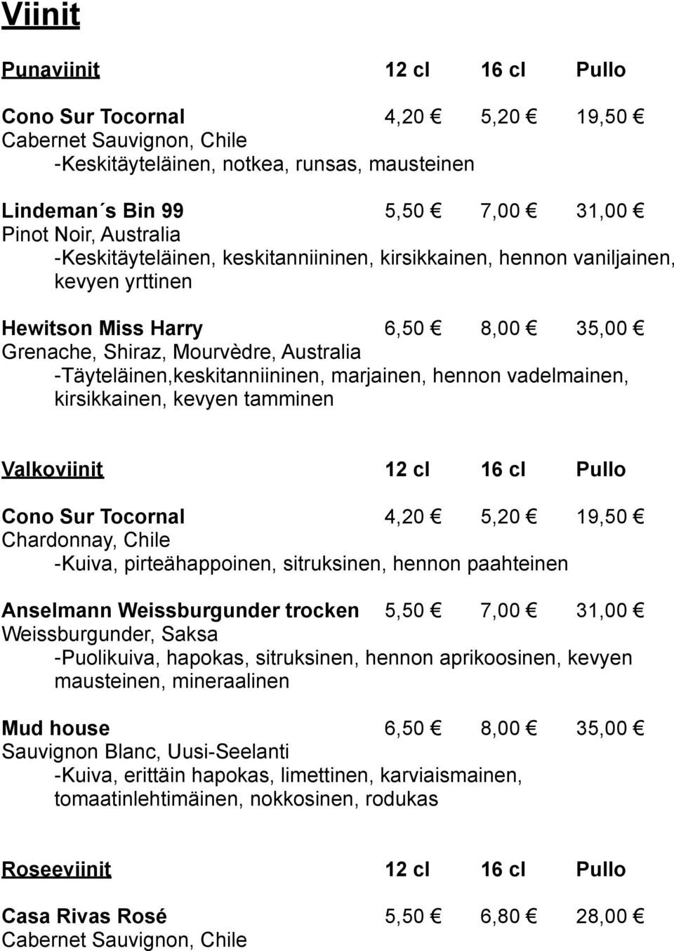 marjainen, hennon vadelmainen, kirsikkainen, kevyen tamminen Valkoviinit 12 cl 16 cl Pullo Cono Sur Tocornal 4,20 5,20 19,50 Chardonnay, Chile -Kuiva, pirteähappoinen, sitruksinen, hennon paahteinen