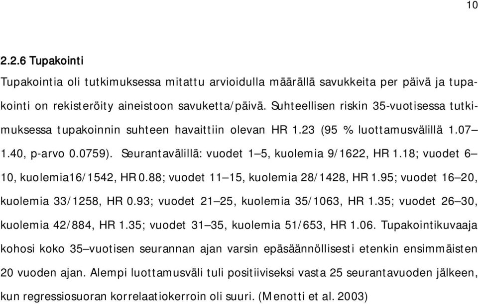 18; vuodet 6 10, kuolemia16/1542, HR 0.88; vuodet 11 15, kuolemia 28/1428, HR 1.95; vuodet 16 20, kuolemia 33/1258, HR 0.93; vuodet 21 25, kuolemia 35/1063, HR 1.