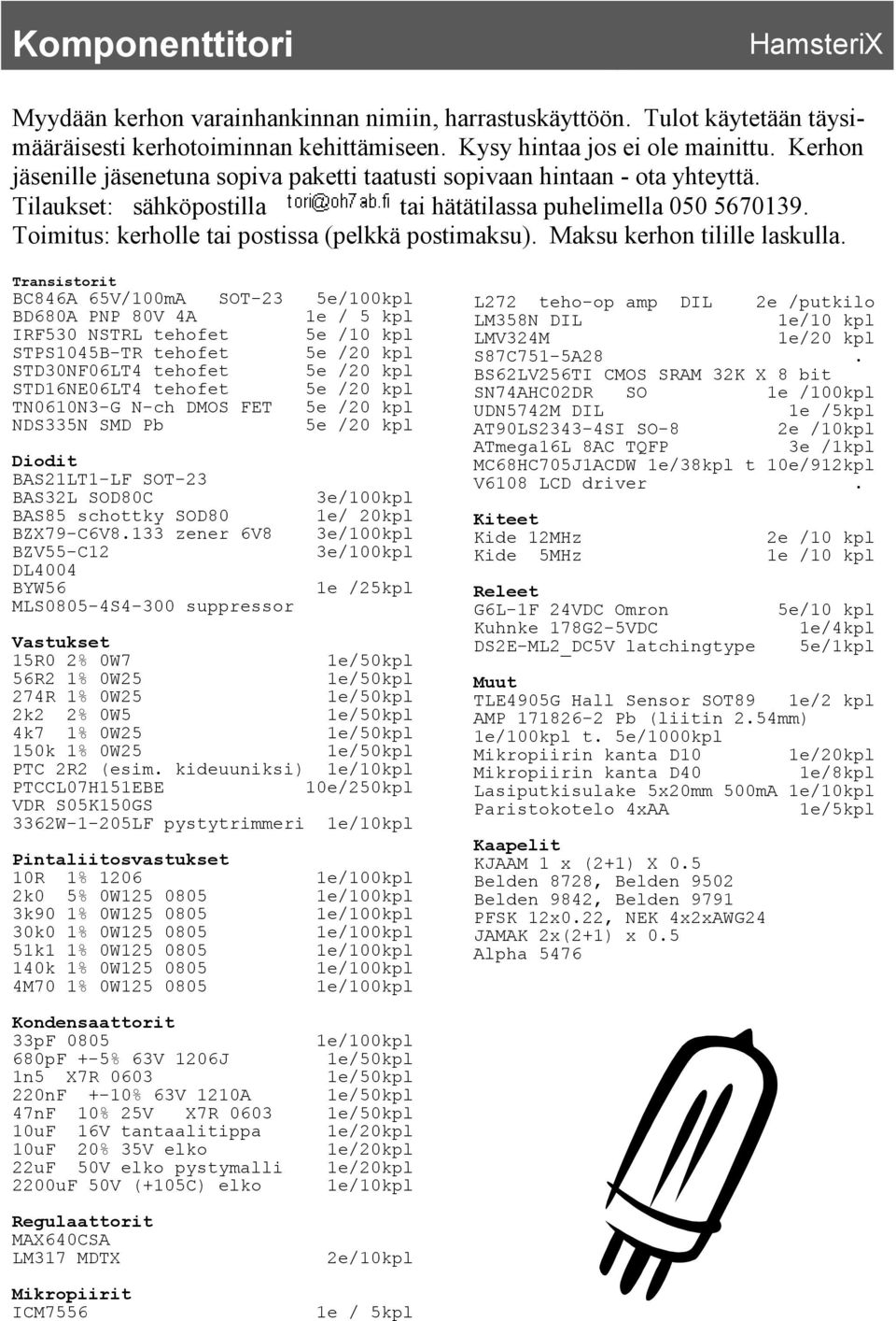 Toimitus: kerholle tai postissa (pelkkä postimaksu). Maksu kerhon tilille laskulla.