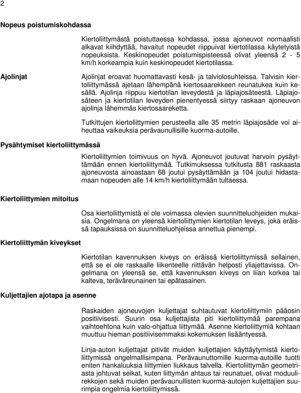 Talvisin kiertoliittymässä ajetaan lähempänä kiertosaarekkeen reunatukea kuin kesällä. Ajolinja riippuu kiertotilan leveydestä ja läpiajosäteestä.