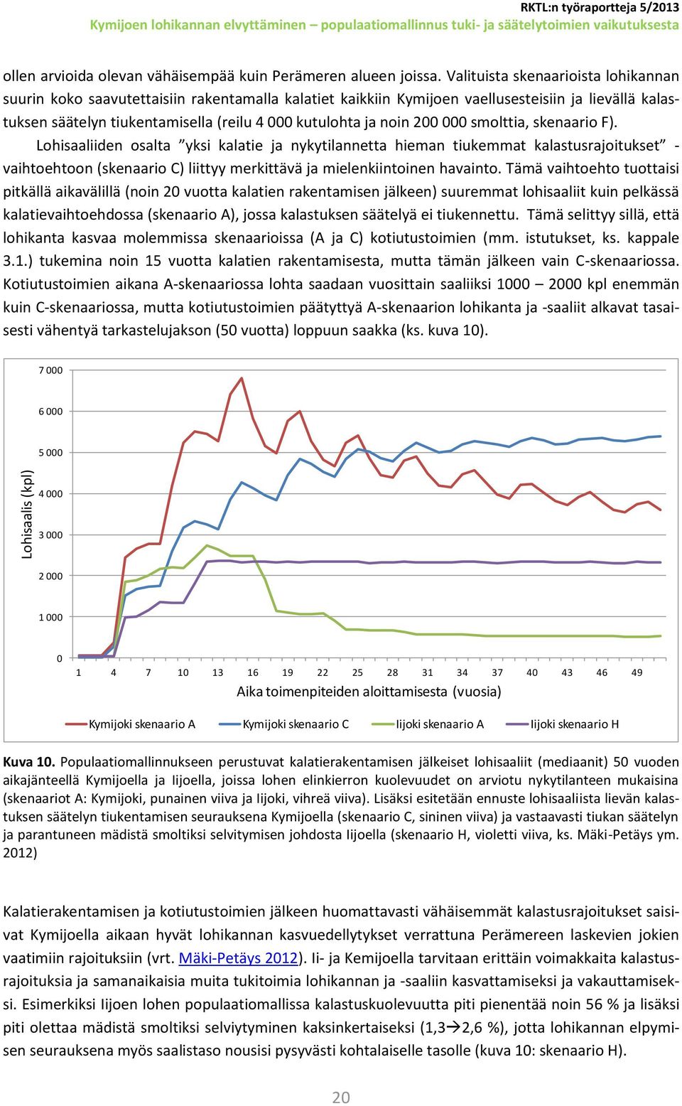 smolttia, skenaario F). Lohisaaliiden osalta yksi kalatie ja nykytilannetta hieman tiukemmat kalastusrajoitukset - vaihtoehtoon (skenaario C) liittyy merkittävä ja mielenkiintoinen havainto.