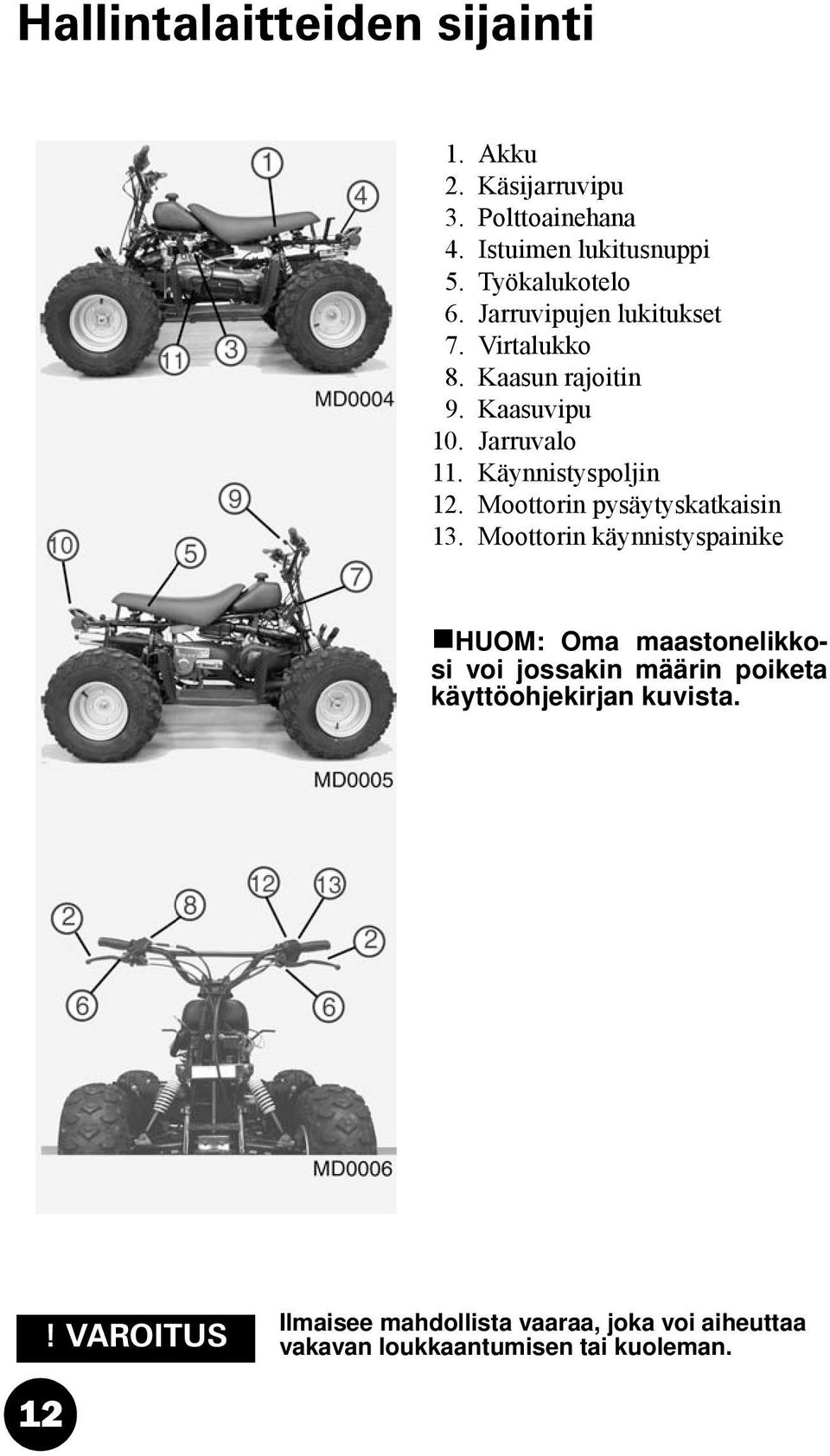 Kaasun rajoitin 9. Kaasuvipu 10. Jarruvalo 11. Käynnistyspoljin 12.
