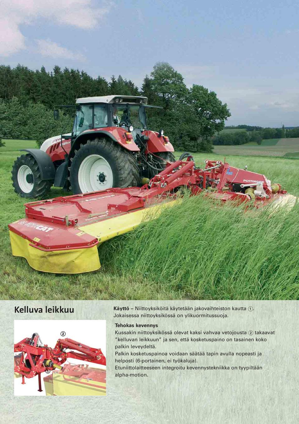 Tehokas kevennys Kussakin niittoyksikössä olevat kaksi vahvaa vetojousta takaavat kelluvan leikkuun ja sen, että
