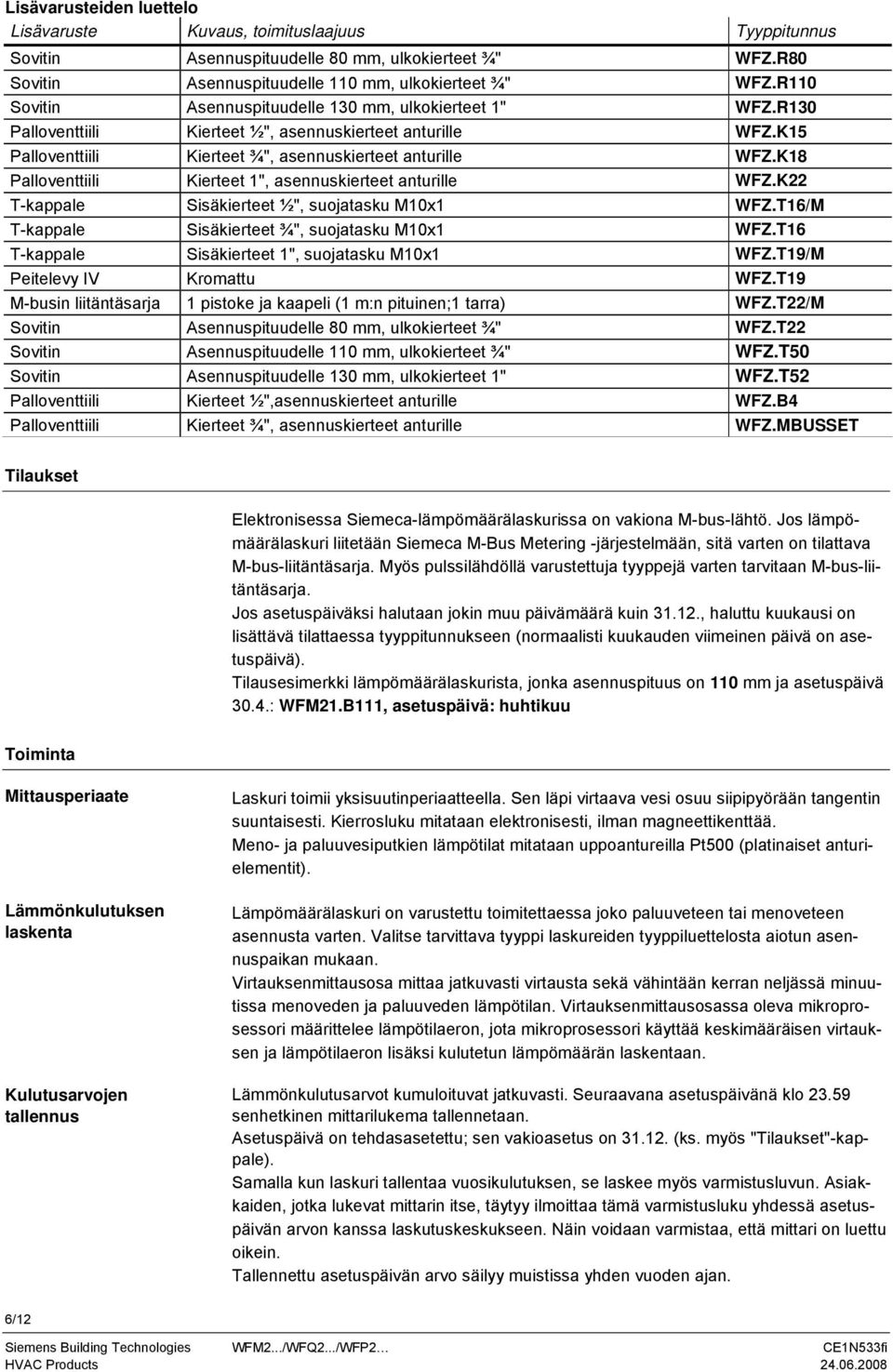 K18 Palloventtiili Kierteet 1", asennuskierteet anturille WFZ.K22 T-kappale Sisäkierteet ½", suojatasku M10x1 WFZ.T16/M T-kappale Sisäkierteet ¾", suojatasku M10x1 WFZ.