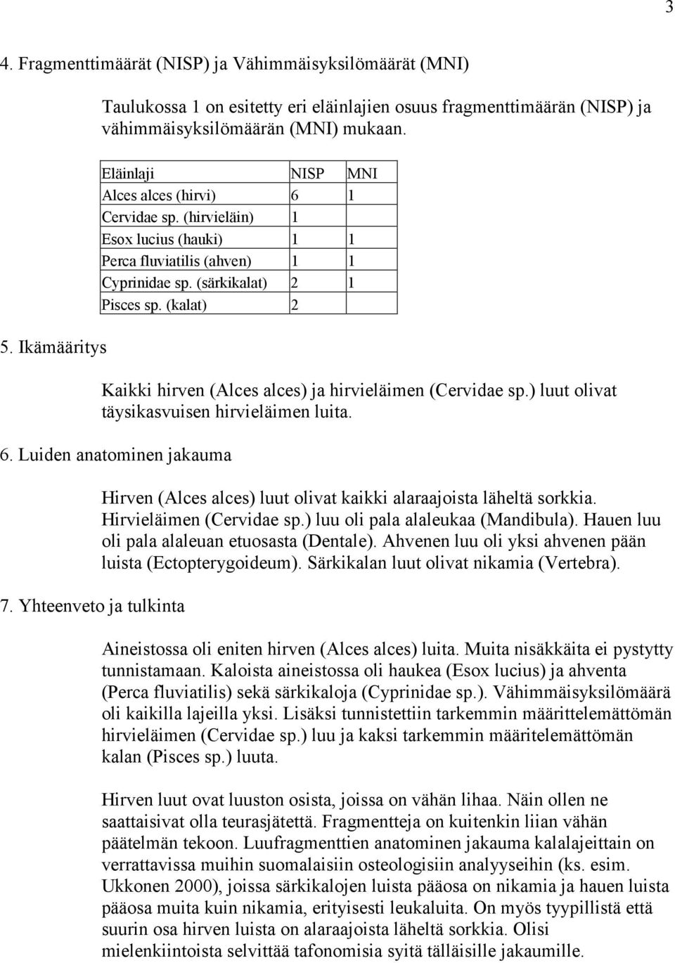 (kalat) 2 Kaikki hirven (Alces alces) ja hirvieläimen (Cervidae sp.) luut olivat täysikasvuisen hirvieläimen luita. 6. Luiden anatominen jakauma 7.