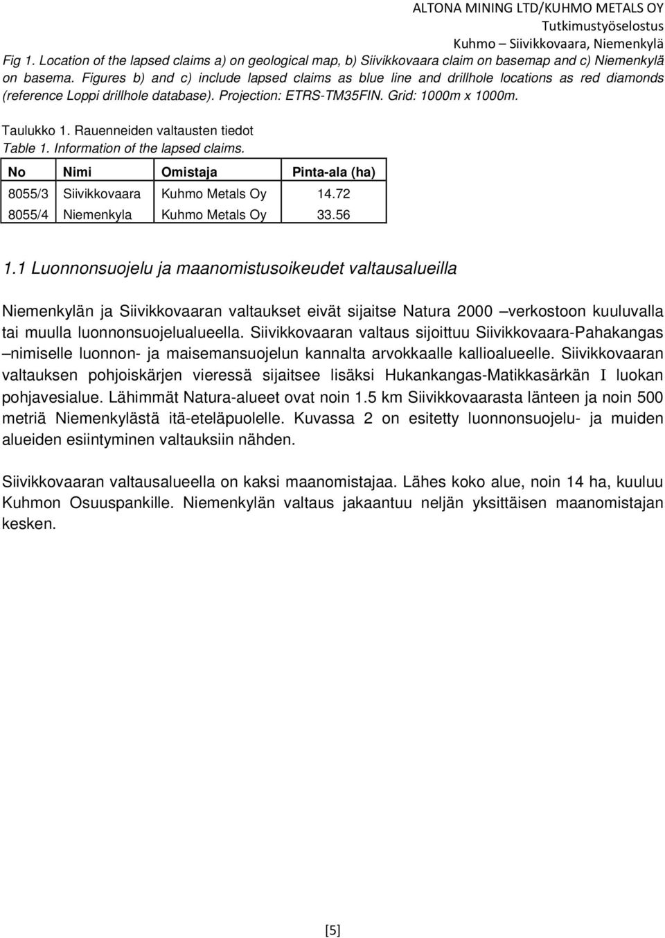 Rauenneiden valtausten tiedot Table 1. Information of the lapsed claims. No Nimi Omistaja Pinta-ala (ha) 8055/3 Siivikkovaara Kuhmo Metals Oy 14.72 8055/4 Niemenkyla Kuhmo Metals Oy 33.56 1.