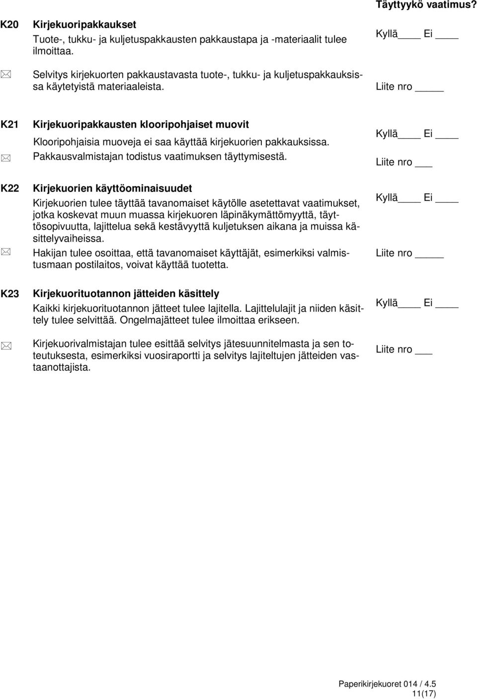 K21 Kirjekuoripakkausten klooripohjaiset muovit Klooripohjaisia muoveja ei saa käyttää kirjekuorien pakkauksissa. Pakkausvalmistajan todistus vaatimuksen täyttymisestä.